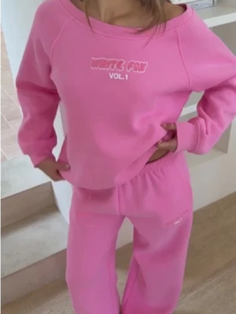 White Fox Bubblegum Off the Shoulder Hoodie